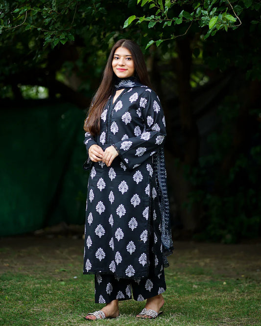 Midnight Block-Print 3-Piece Premium Lawn Suit