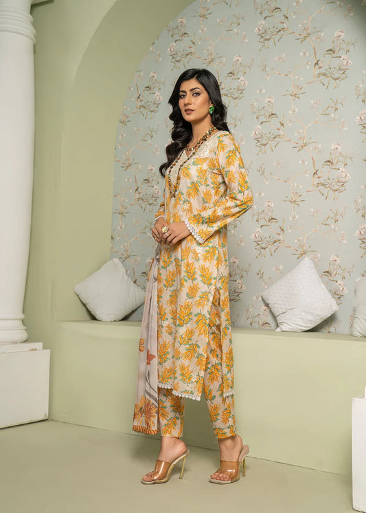 3 Pc Cream Lawn Kurta Set With Silk Dupatta -Yellow