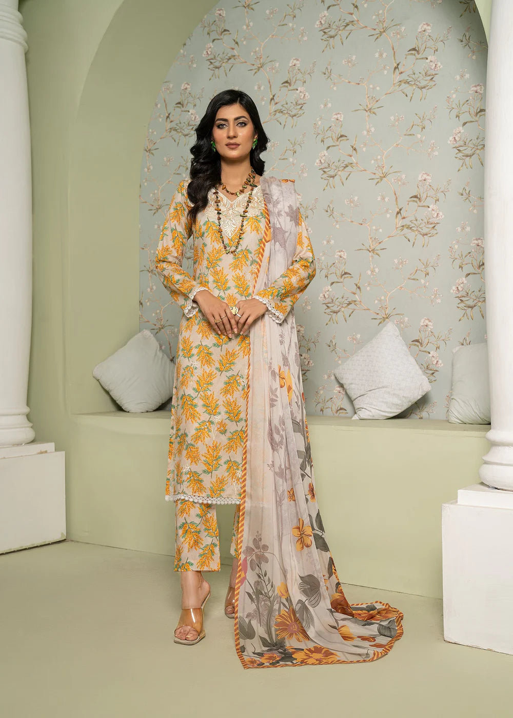3 Pc Cream Lawn Kurta Set With Silk Dupatta -Yellow