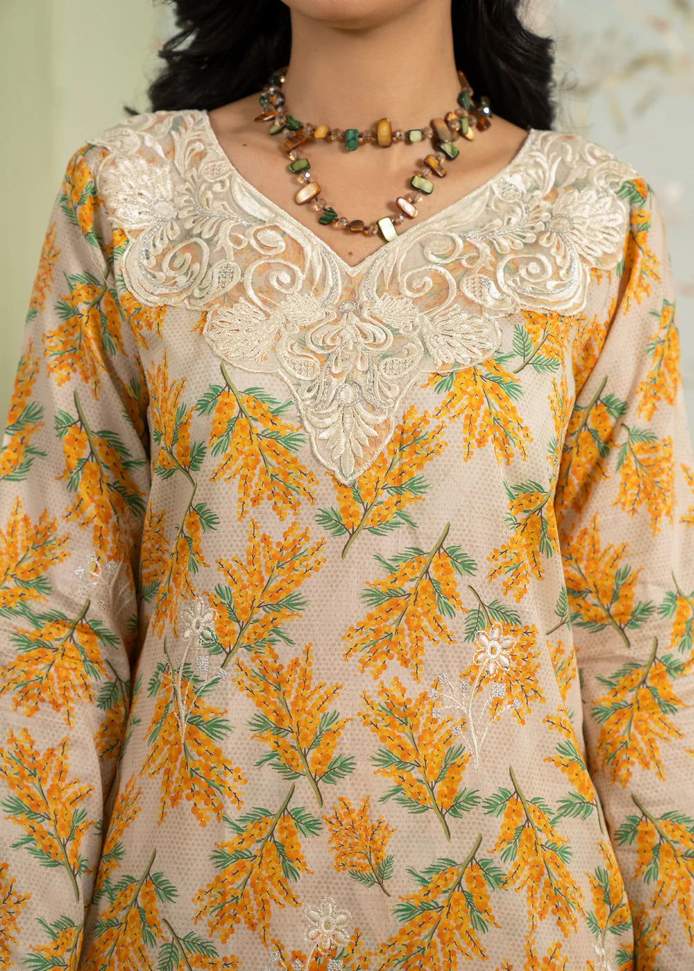 3 Pc Cream Lawn Kurta Set With Silk Dupatta -Yellow
