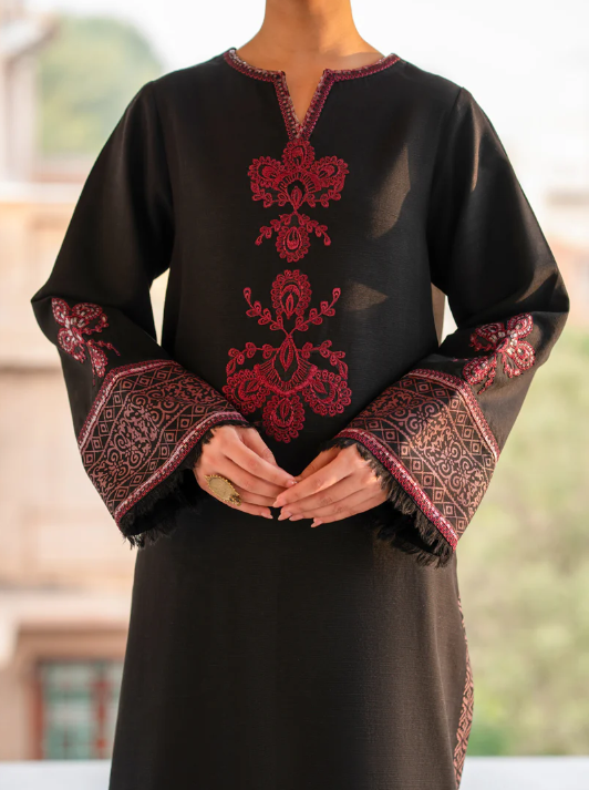 Stitched 2 Pc Embroidered Suit Black