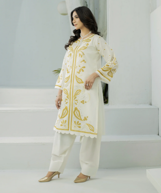Three Pc Embroidered Dress With Farshi Shalwar
