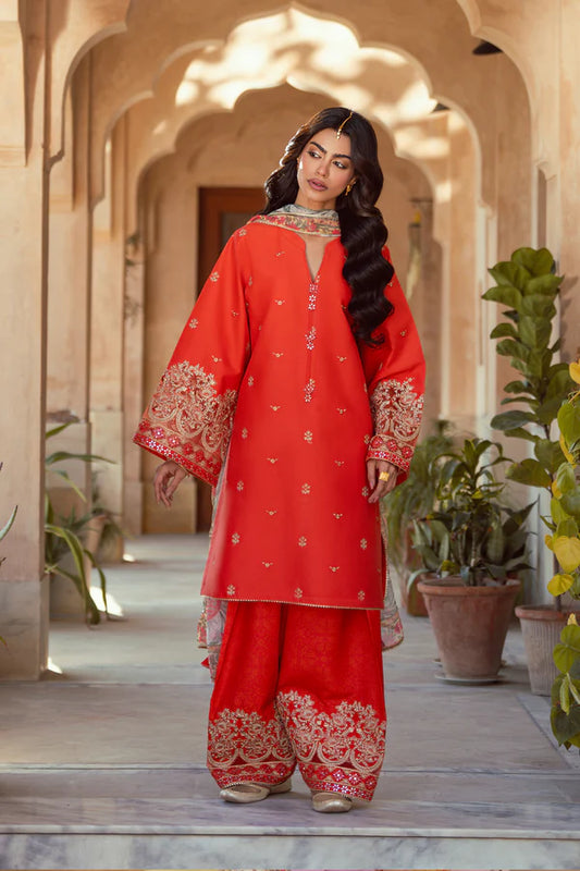 3 Piece - Premium Embroidered Lawn Suit With Chiffon Dupatta & Farshi Shalwar