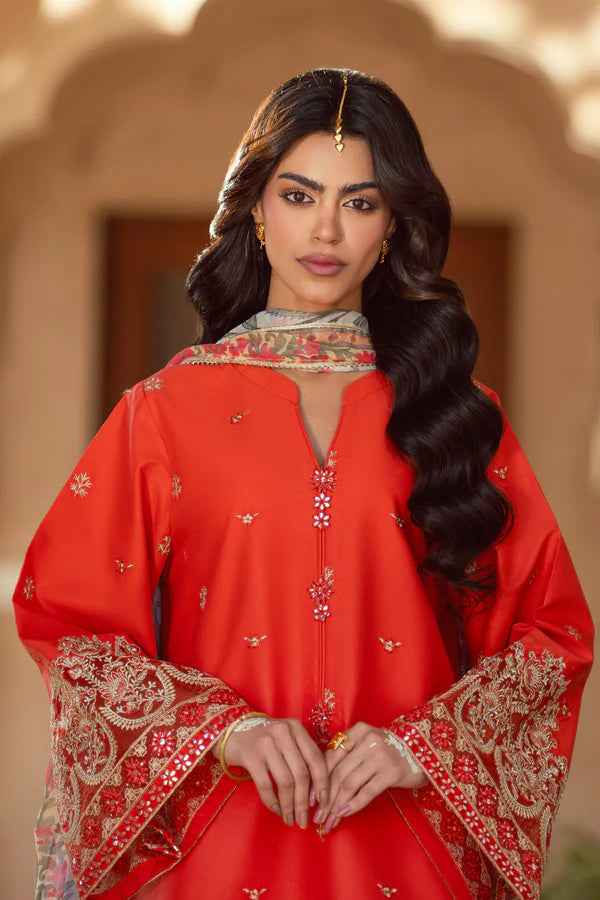 3 Piece - Premium Embroidered Lawn Suit With Chiffon Dupatta & Farshi Shalwar