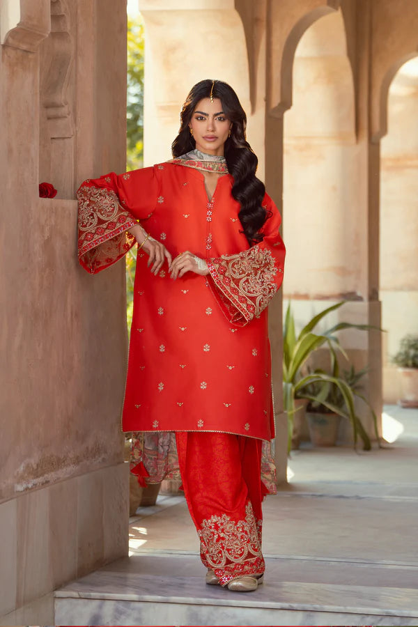 3 Piece - Premium Embroidered Lawn Suit With Chiffon Dupatta & Farshi Shalwar