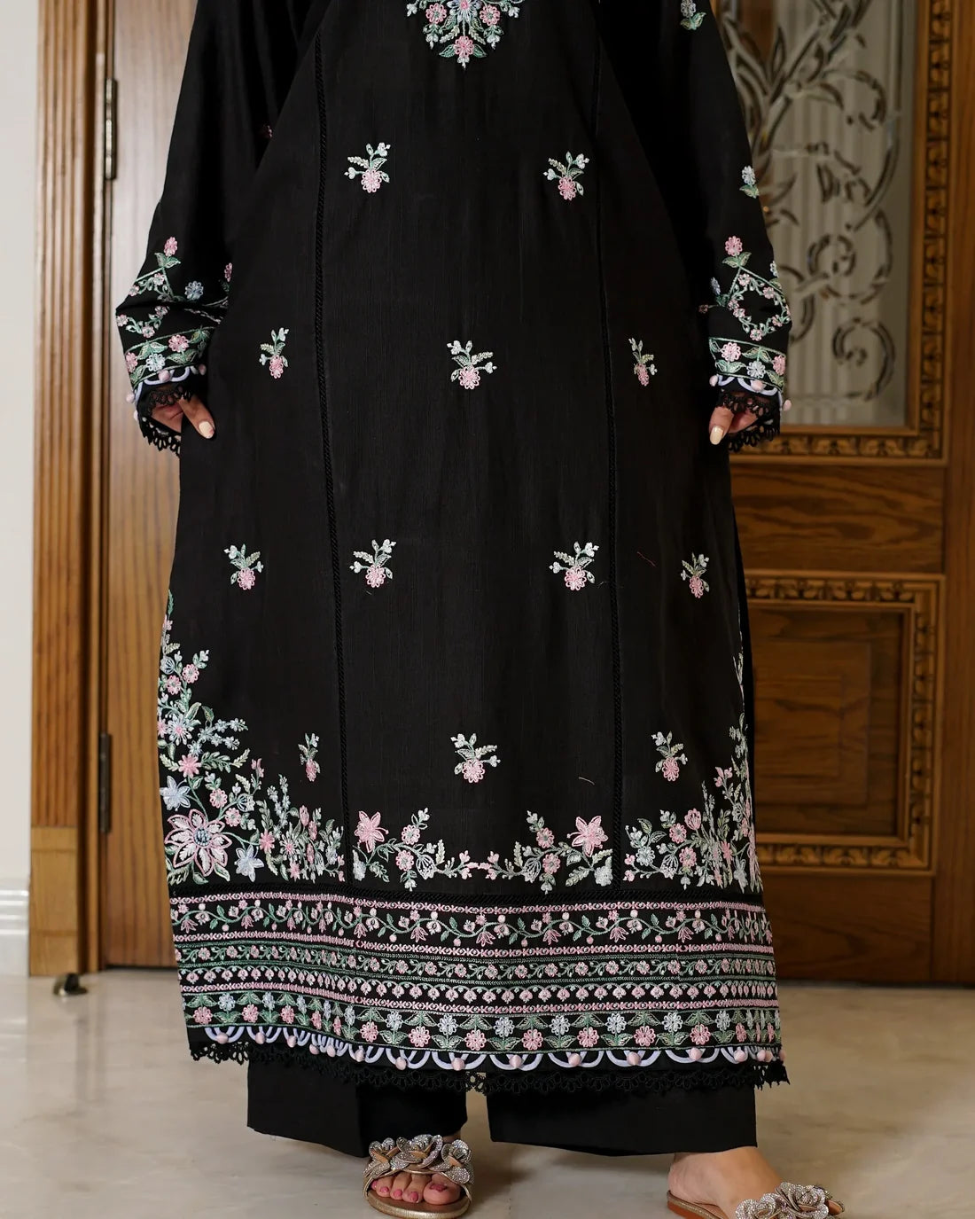 Nocturne Blossom – Embroidered 3-Piece Khaddar Suit with Wool Shawl