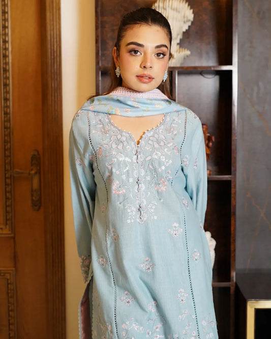 Skyline Bloom – Embroidered 3-Piece Khaddar Suit with Wool Shawl