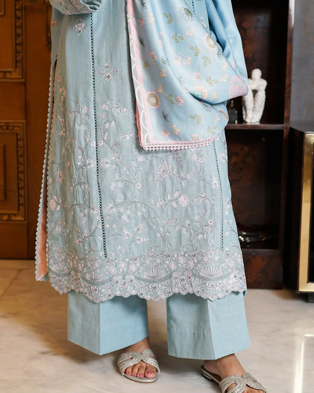 Skyline Bloom – Embroidered 3-Piece Khaddar Suit with Wool Shawl