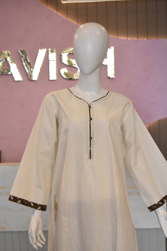 Minimalist Ivory & Chocolate Brown 2-Piece Cotton Lawn Co-Ord Set