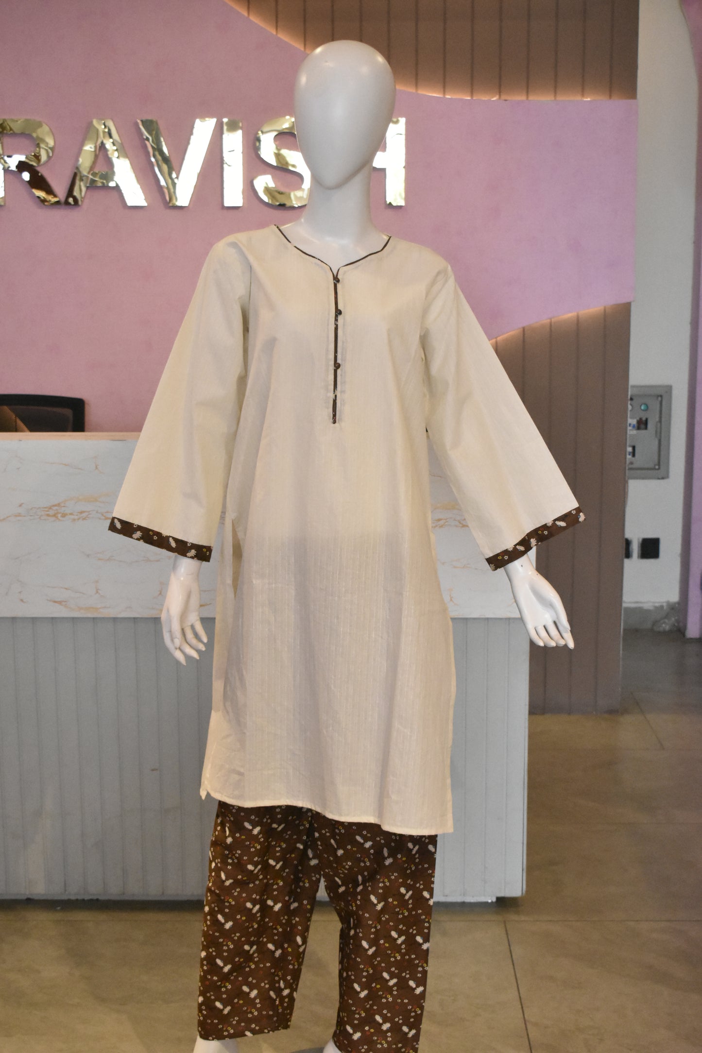 Minimalist Ivory & Chocolate Brown 2-Piece Cotton Lawn Co-Ord Set