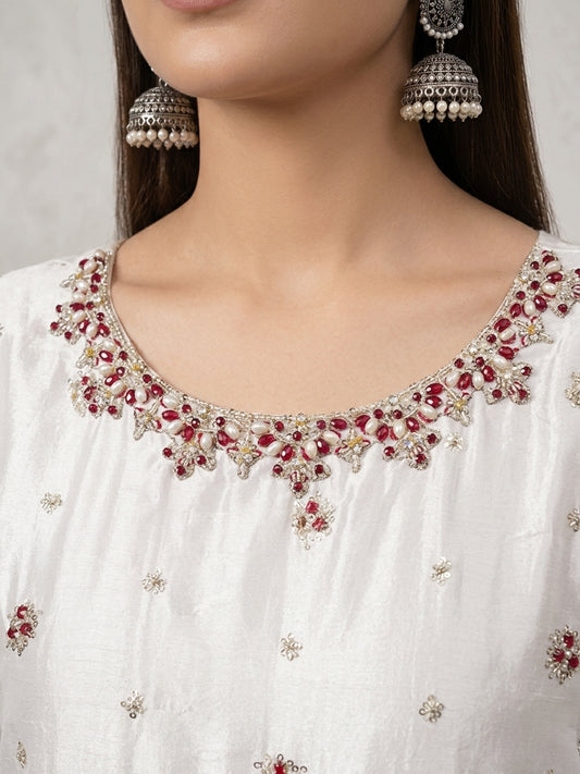 Ivory Pearl – Heavily Embroidered 3-Piece Shamoz Silk Frock Set