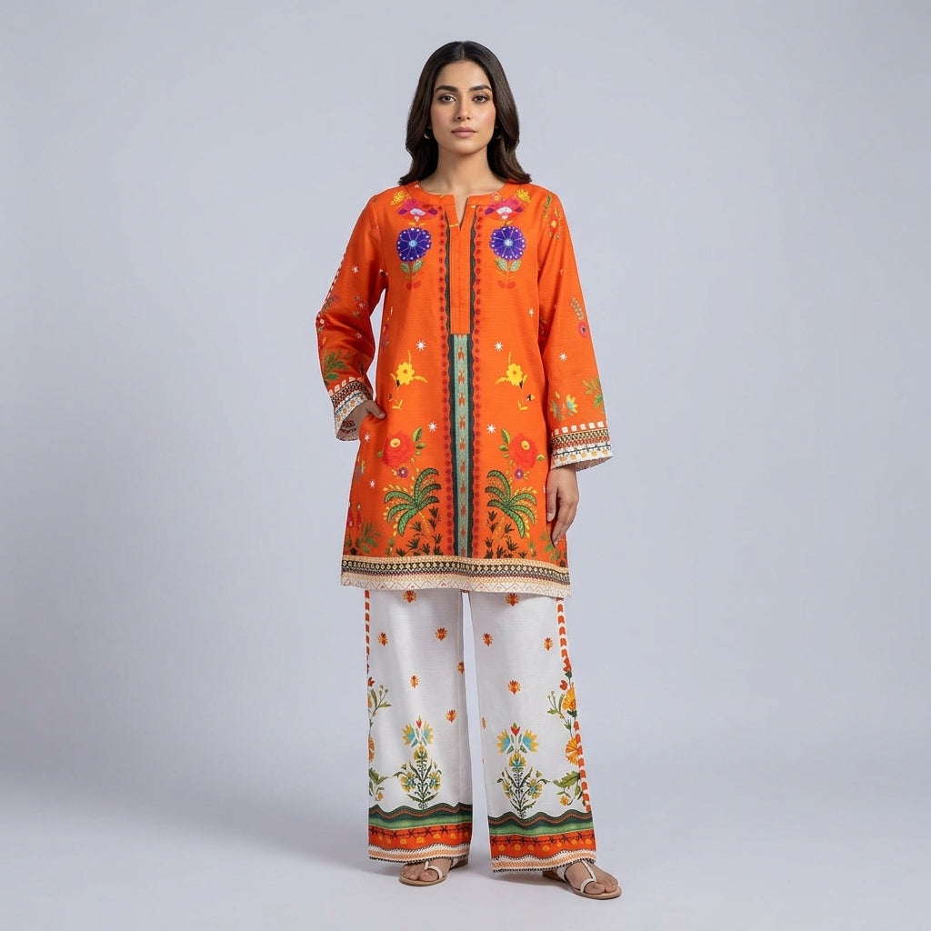 Tangerine Bloom – Printed 2-Piece Lawn Co-Ord Set