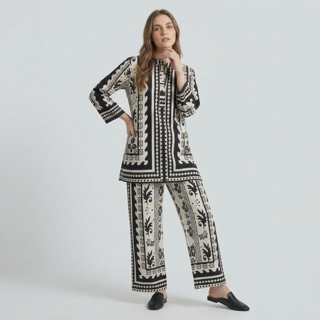 Monochrome Lattice – Printed 2-Piece Lawn Co-Ord Set