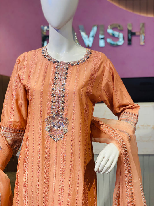 Ethereal Peach Embroidered Cotton Suite