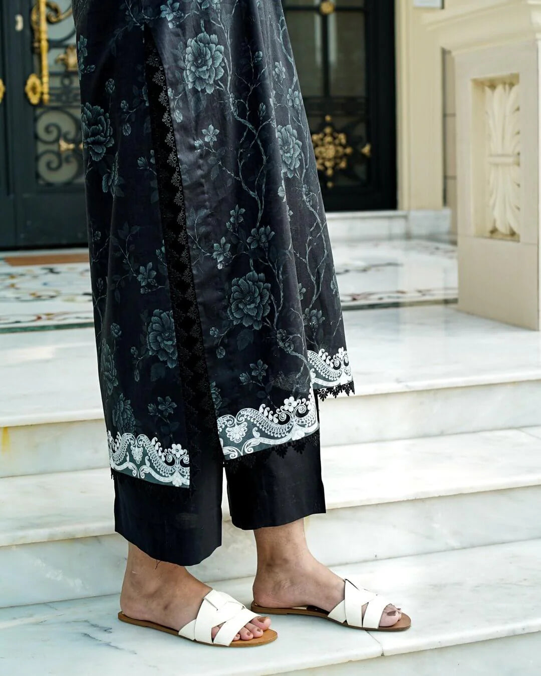 Riva - Elegant Black Floral Lawn Suit with Chiffon Dupatta-Unstitched