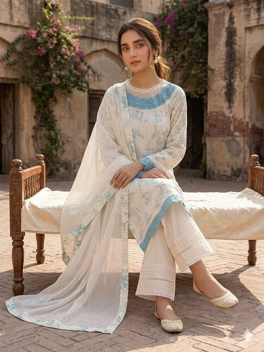 Ethereal Sky Blue Floral Cotton Suit with Lace-Detailed Farshi Shalwar