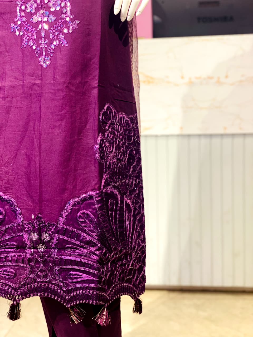 Regal Plum Cotton Ensemble with Intricate Embellishments