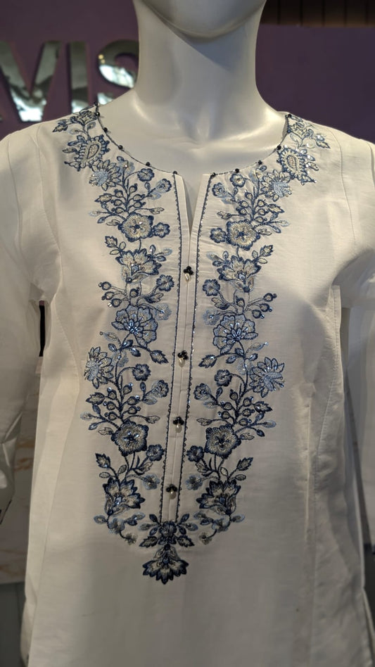 Pristine White Fully Embroidered Soft Cotton Kurta and Farshi Shalwar Set
