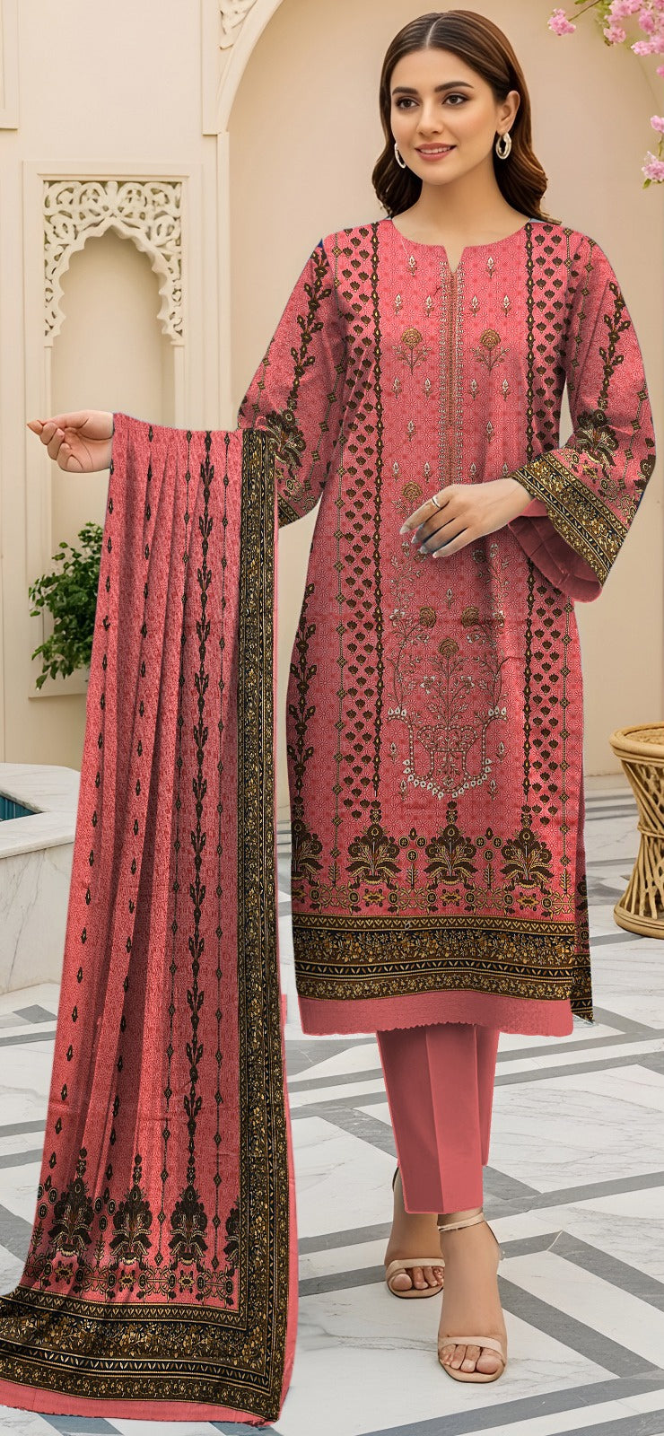 Embroidered Lawn 3-Piece Suit – Coral Rose