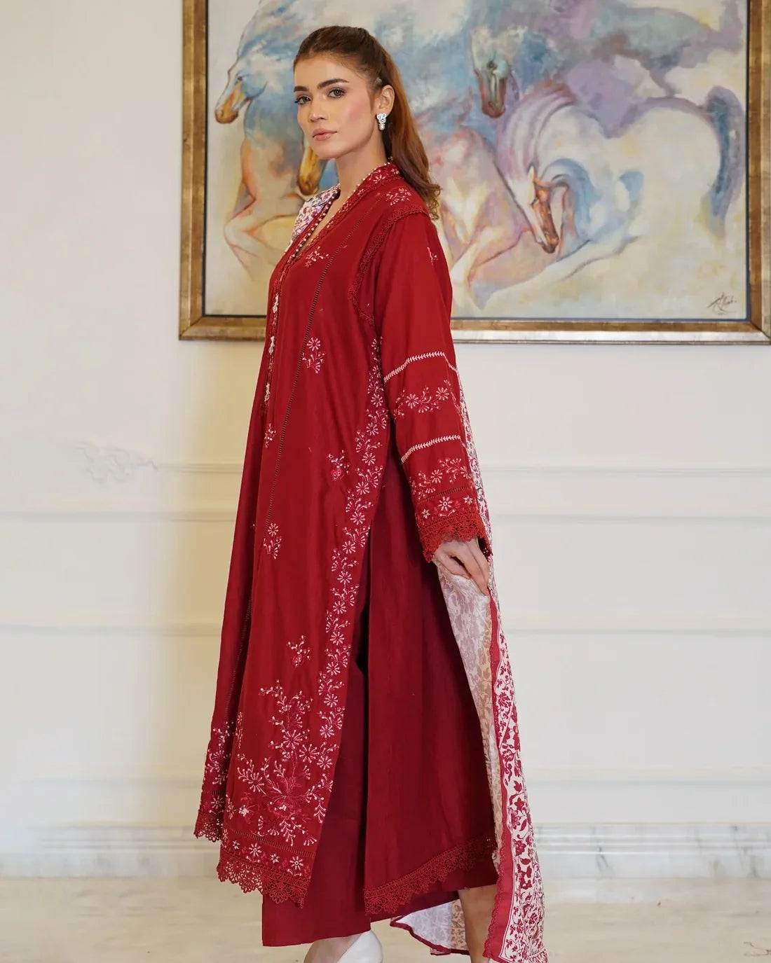 Crimson Royalty – Embroidered 3-Piece Khaddar Suit with Printed Wool Shawl