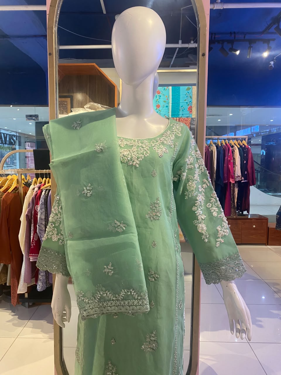 Mint Green Embroidered Organza 3-Piece Suit