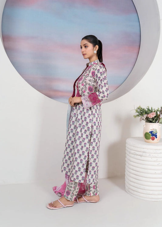 Floral Dream – 4-Piece Printed Lawn Suit with Jacket & Silk Dupatta
