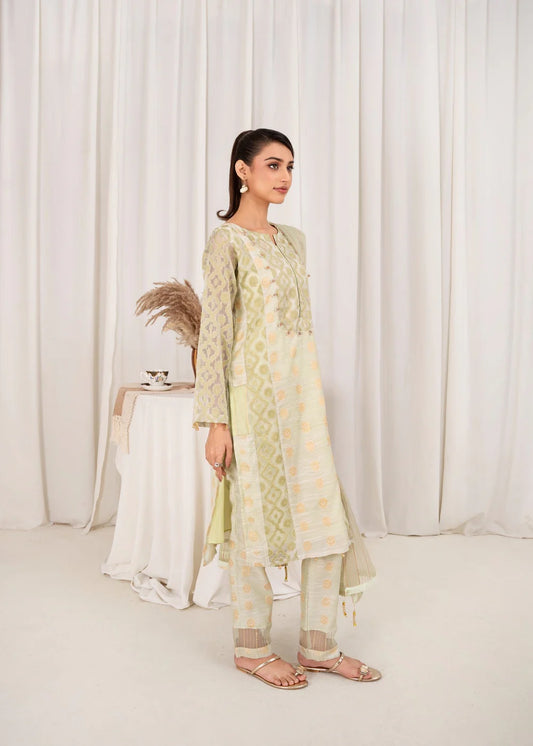 3 Pc Brochea Jacquard Dress - Green