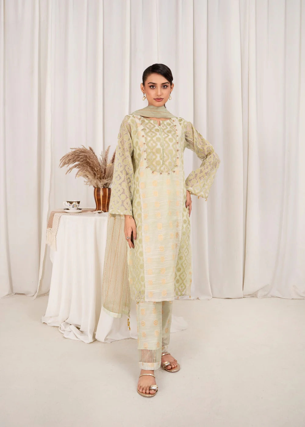 3 Pc Brochea Jacquard Dress - Green
