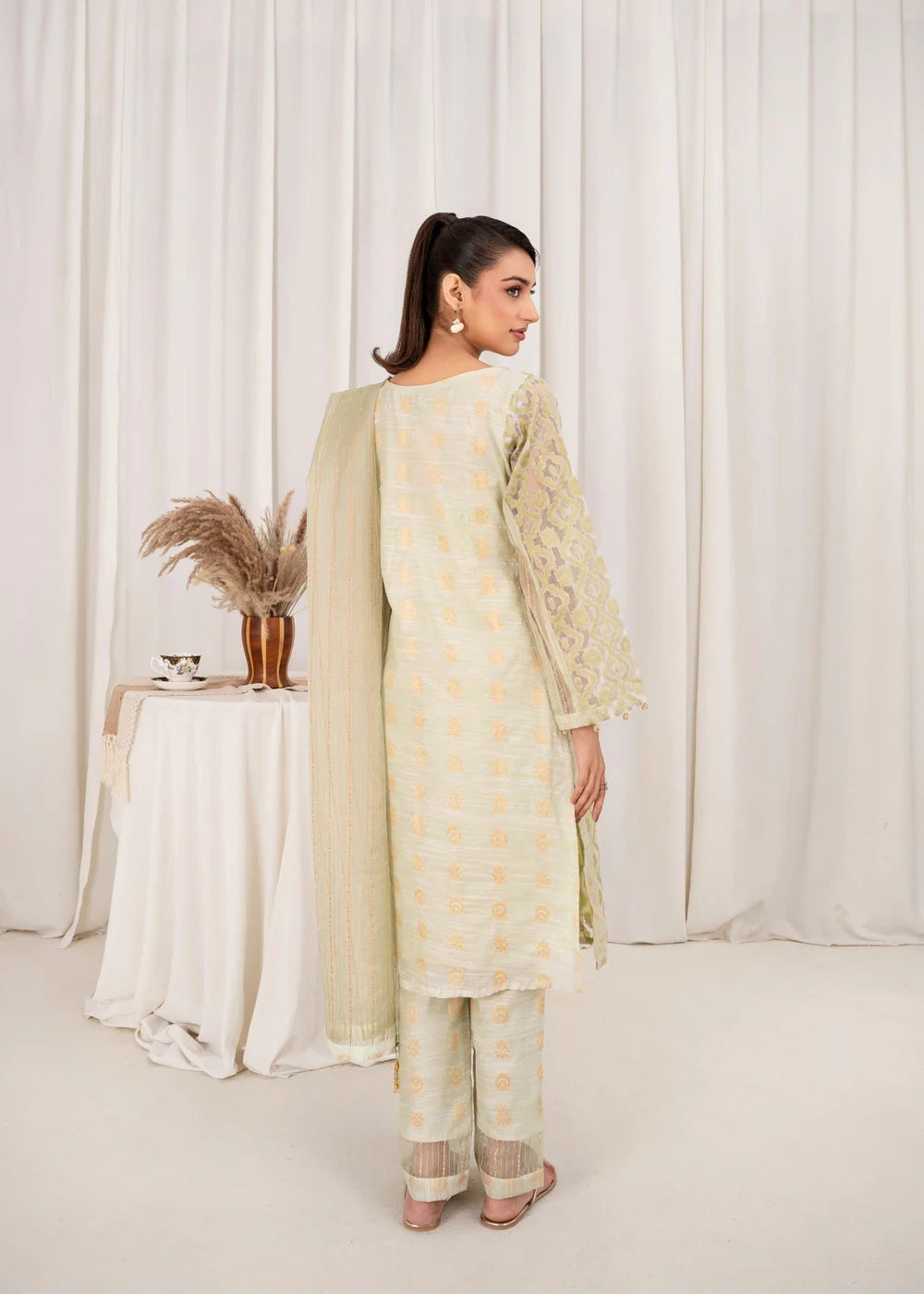 3 Pc Brochea Jacquard Dress - Green