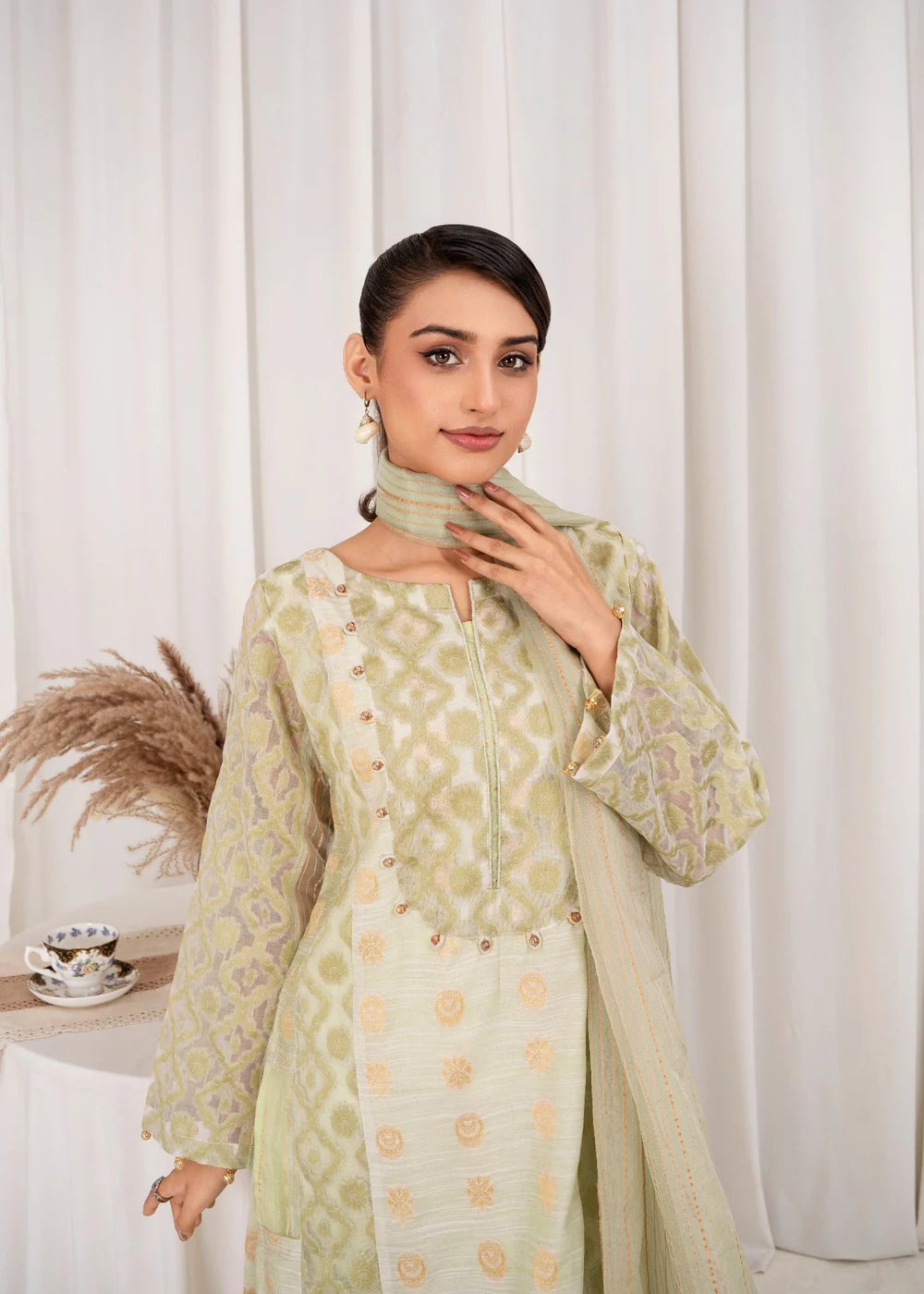 3 Pc Brochea Jacquard Dress - Green