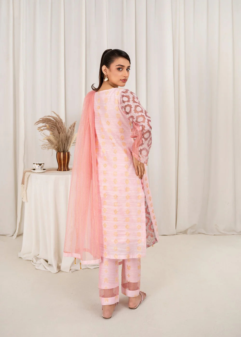 3 Pc Brochea Jacquard Dress - Pink