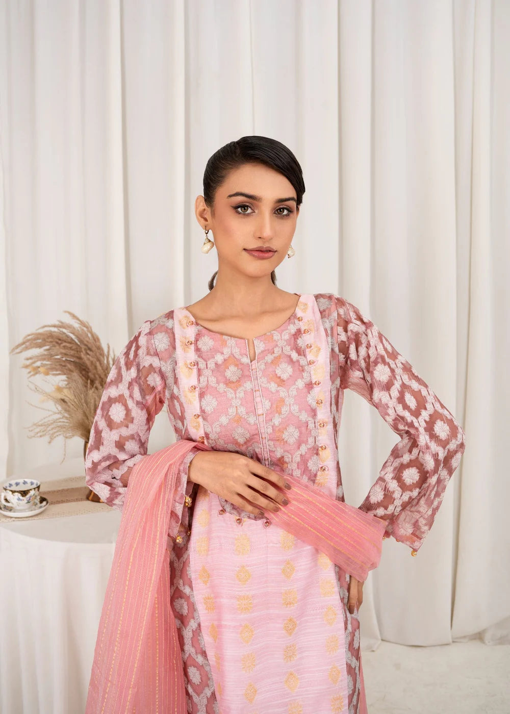 3 Pc Brochea Jacquard Dress - Pink