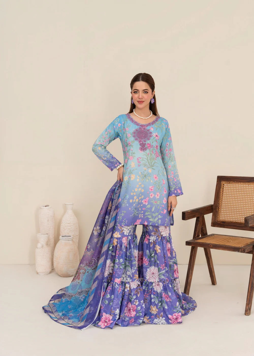 Poly Lawn Gharara Multicolors