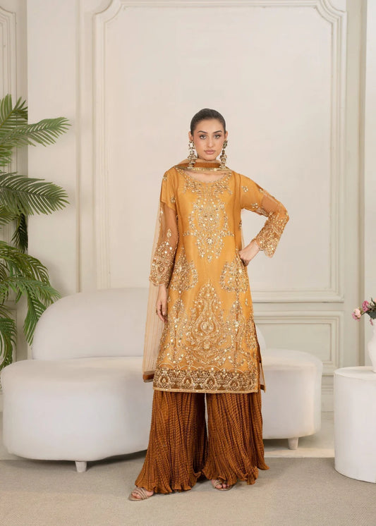 Organza Sharara Mari Gold 3 Piece