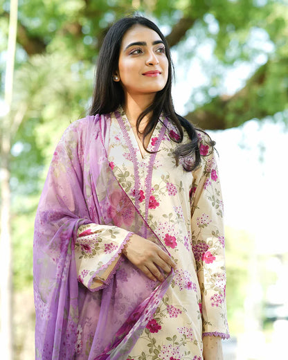 Lilac Gardenia 3-Piece Premium Lawn Suit