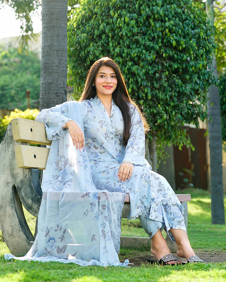 Powder Blue Meadow 3-Piece Premium Lawn Suit