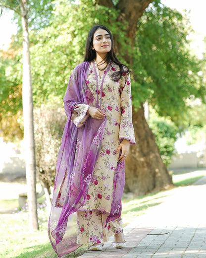 Lilac Gardenia 3-Piece Premium Lawn Suit