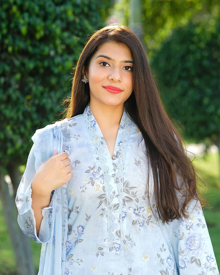 Powder Blue Meadow 3-Piece Premium Lawn Suit