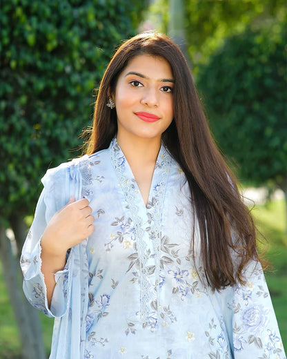 Powder Blue Meadow 3-Piece Premium Lawn Suit