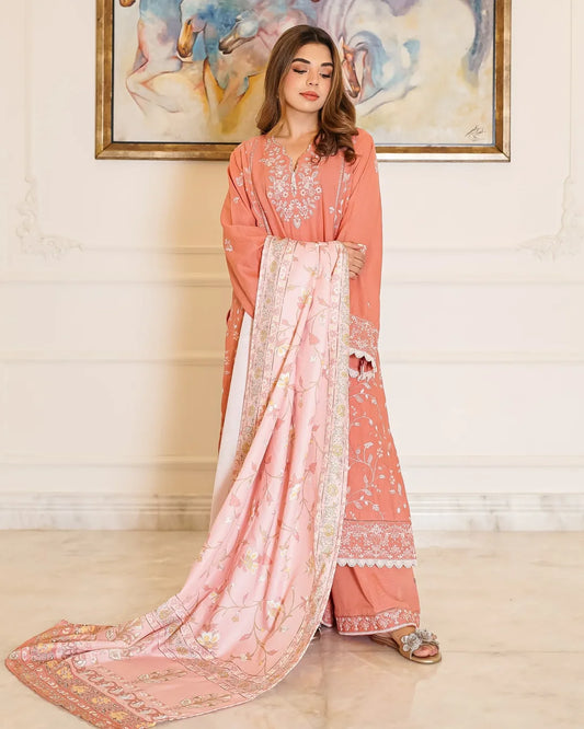 Peach Blossom – Embroidered 3-Piece Khaddar Suit with Printed Wool Shawl