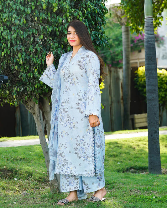 Powder Blue Meadow 3-Piece Premium Lawn Suit