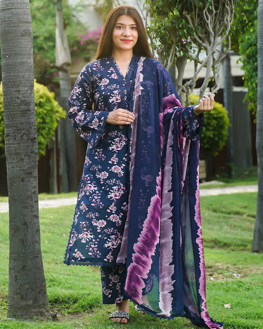 Indigo Blossom 3-Piece Premium Lawn Suit