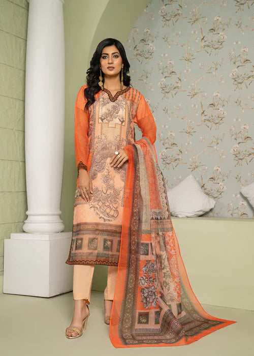 Peach Printed Poly-Lawn 3-Piece Suit