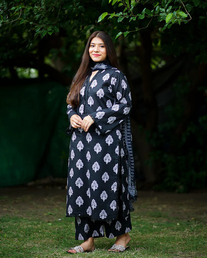 Midnight Block-Print 3-Piece Premium Lawn Suit