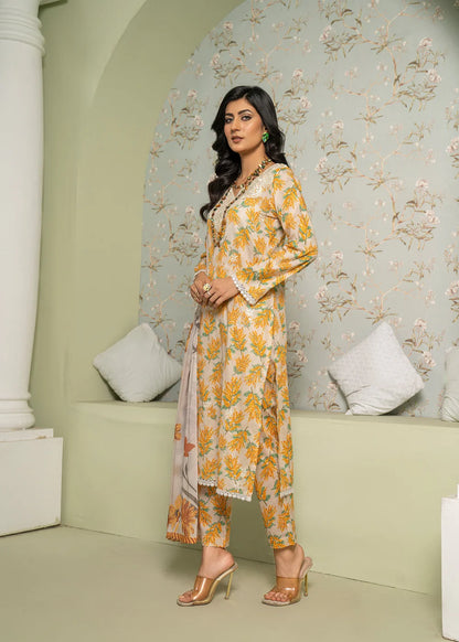 3 Pc Cream Lawn Kurta Set With Silk Dupatta -Yellow