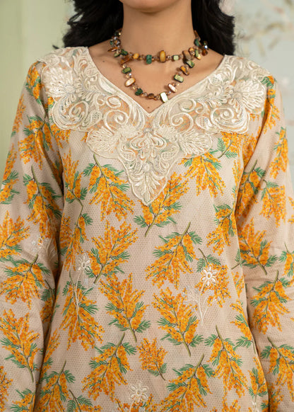 3 Pc Cream Lawn Kurta Set With Silk Dupatta -Yellow