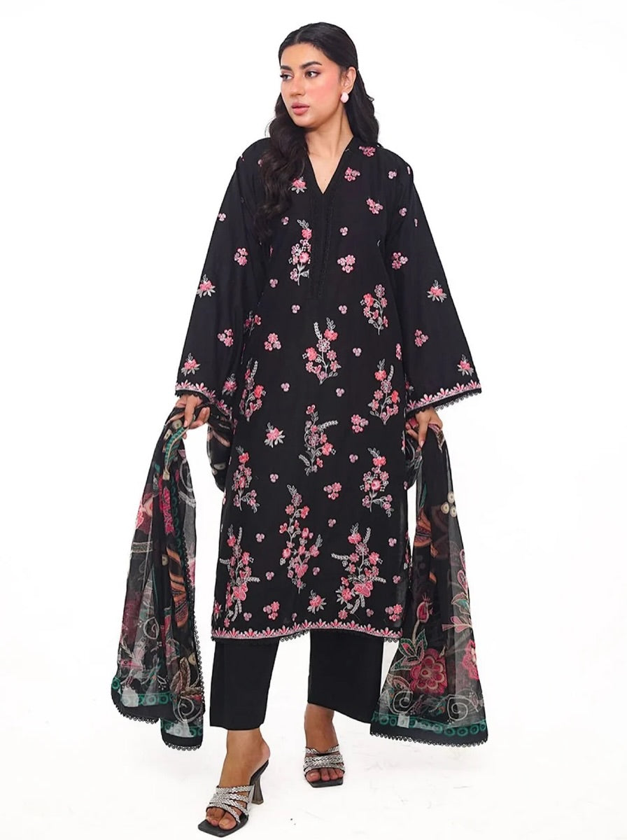 Midnight Bloom – Embroidered 3-Piece Lawn Suit with Chiffon Dupatta