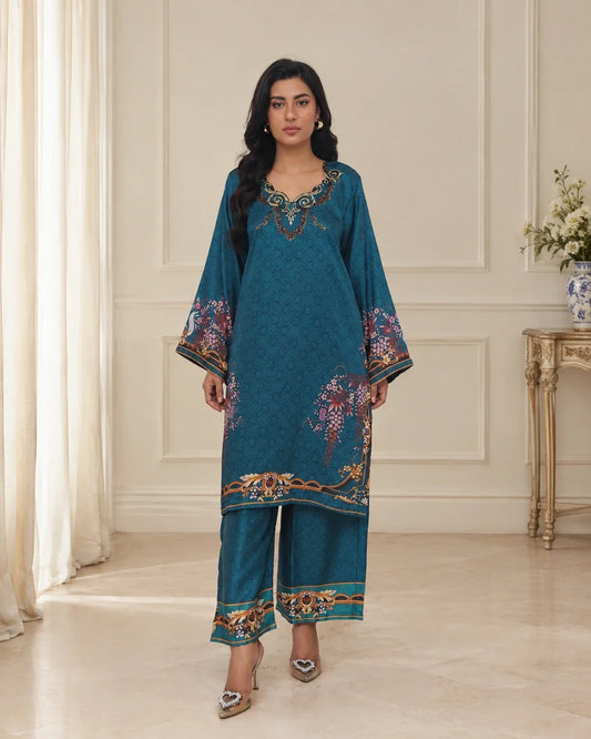 Teal Regency – Printed Premium Silk 2-Piece Suit