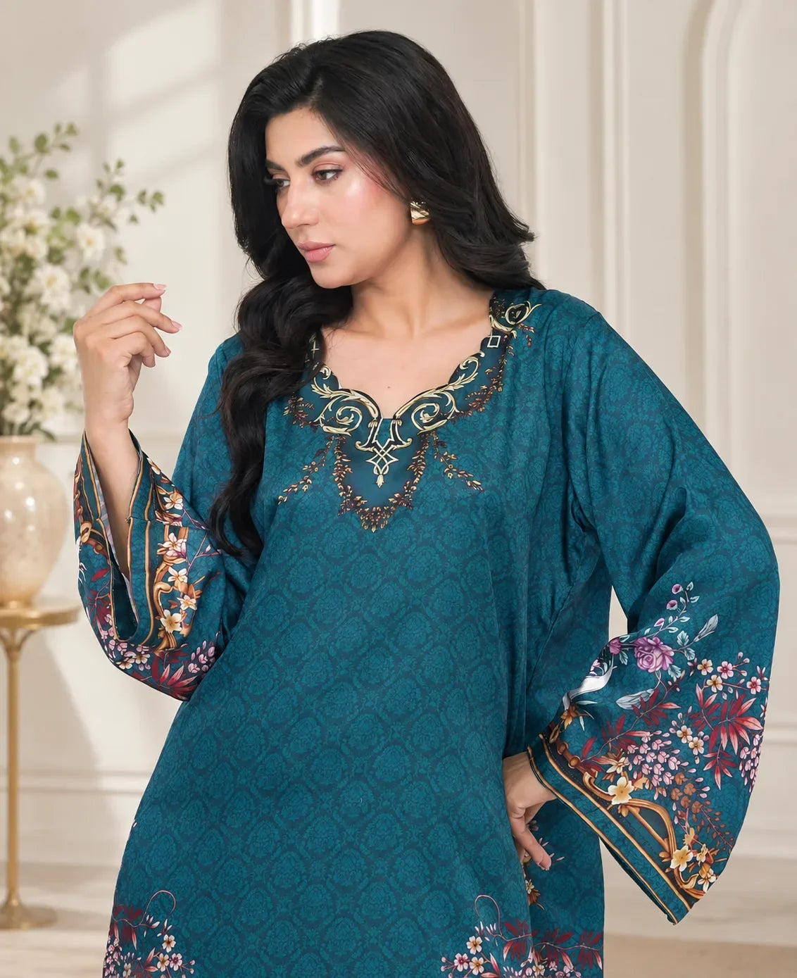 Teal Regency – Printed Premium Silk 2-Piece Suit