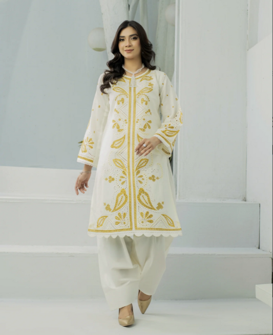 Three Pc Embroidered Dress With Farshi Shalwar